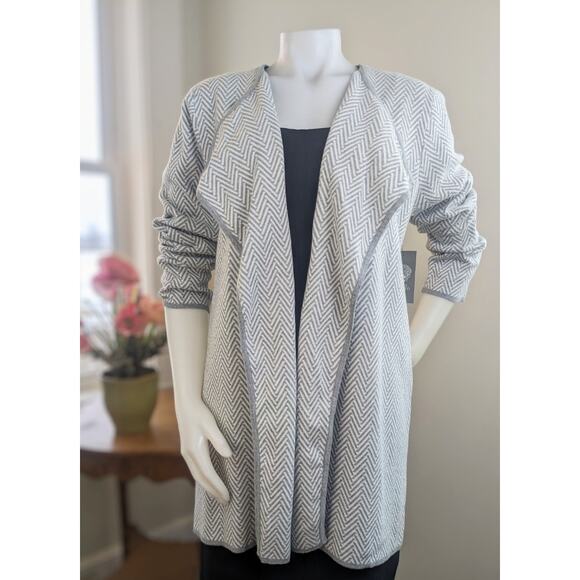Vince Camuto Cardigan Sweater XL Gray Herringbone Open Front Cotton Draped NEW - Picture 2 of 12